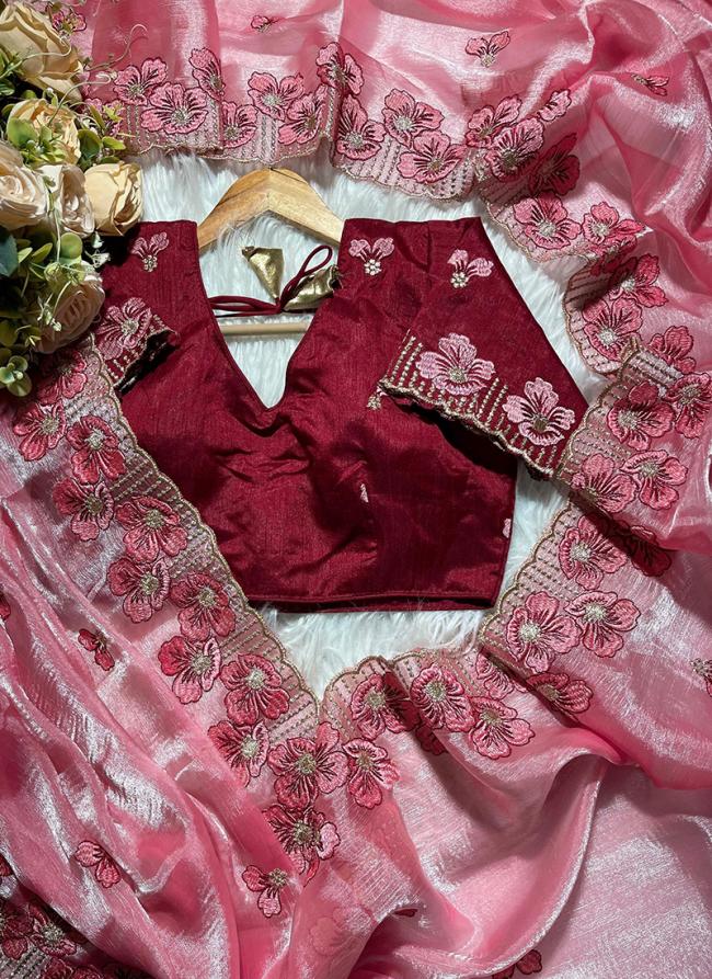 Zimmy Choo Chiffon Rose Pink Party Wear Embroidery Work Saree